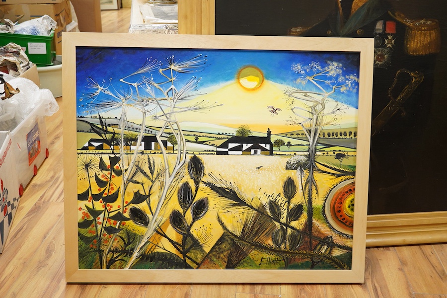 Robin Alexander Elliott (b.1936), oil on canvas, 'After the Harvest - The hen harrier spots her prey', signed, inscribed and dated 2020 verso, 79 x 99cm. Condition - good